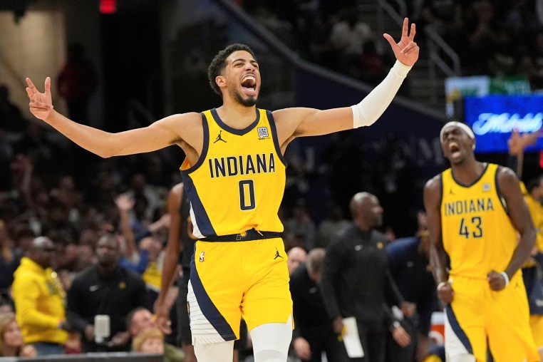 APTOPIX Pacers Cavaliers Basketball Tyrese Haliburton celebrates happy nba pacers